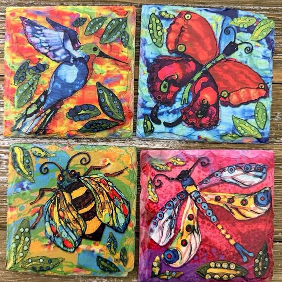 Handmade Other - Handpainted Art Coaster Set Folk Art Hummingbird Bee Butterfly Boho Colorful